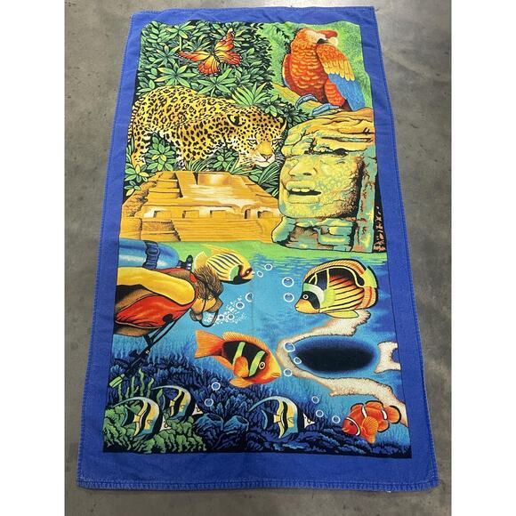 80s Tropical Design, Beach Towel, Bright Colors, Diver and Fish, Parrot, Jaguar - Picture 1 of 3